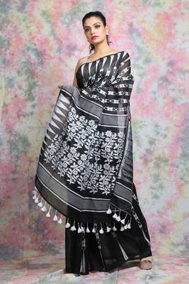 Black Woven Blended Cotton Saree Without Blouse 2