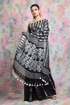 Black Woven Blended Cotton Saree Without Blouse