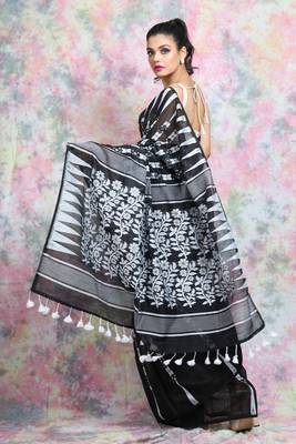 Black Woven Blended Cotton Saree Without Blouse 3