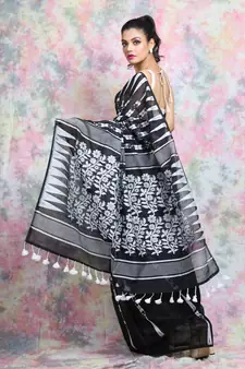 Black Woven Blended Cotton Saree Without Blouse