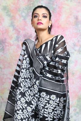 Black Woven Blended Cotton Saree Without Blouse 4