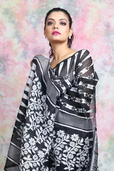 Black Woven Blended Cotton Saree Without Blouse
