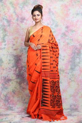 Orange Woven Blended Cotton Saree Without Blouse 1