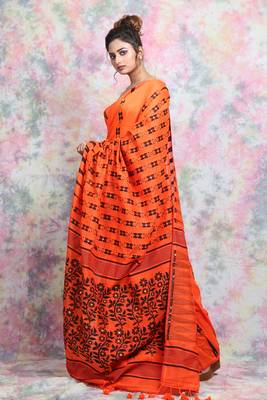 Orange Woven Blended Cotton Saree Without Blouse 2