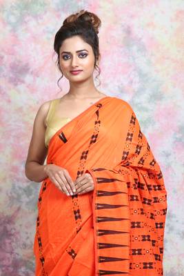 Orange Woven Blended Cotton Saree Without Blouse 4