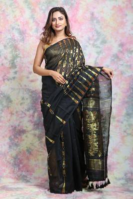 Black Woven Blended Cotton Saree Without Blouse 1