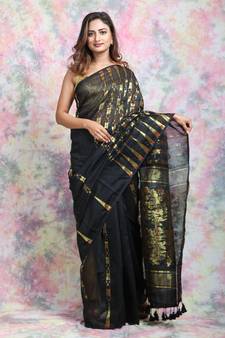 Black Woven Blended Cotton Saree Without Blouse