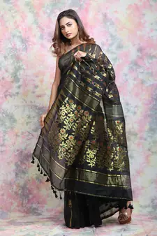 Black Woven Blended Cotton Saree Without Blouse