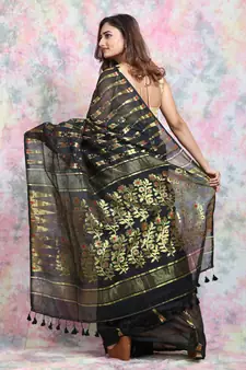 Black Woven Blended Cotton Saree Without Blouse