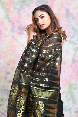 Black Woven Blended Cotton Saree Without Blouse 4