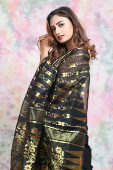 Black Woven Blended Cotton Saree Without Blouse