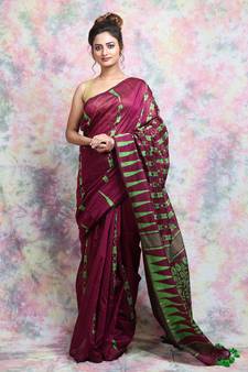 Wine Woven Blended Cotton Saree Without Blouse