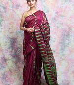 Wine Woven Blended Cotton Saree Without Blouse