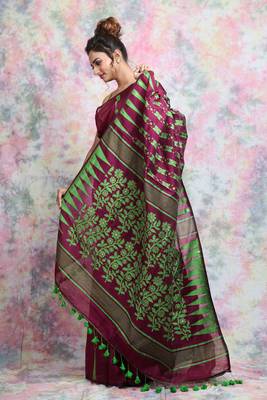 Wine Woven Blended Cotton Saree Without Blouse 2