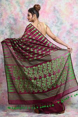 Wine Woven Blended Cotton Saree Without Blouse 3