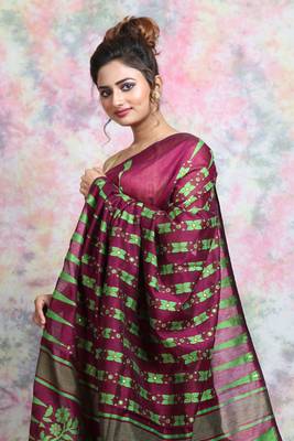 Wine Woven Blended Cotton Saree Without Blouse 4