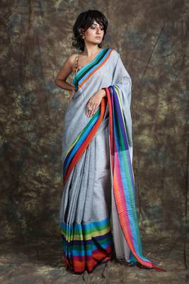 Grey woven cotton saree with blouse 1