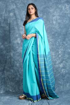 Sky blue woven cotton saree with blouse