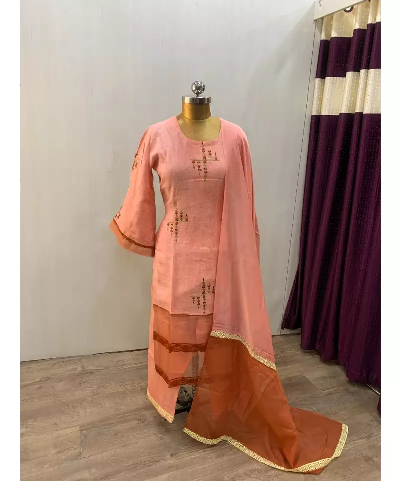 This fully stitched pure handloom  KURTA dupatta and palazzo