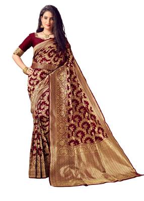 Maroon woven art silk saree with blouse 1