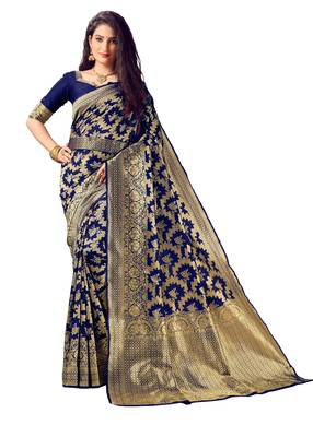 Navy blue woven art silk saree with blouse 1