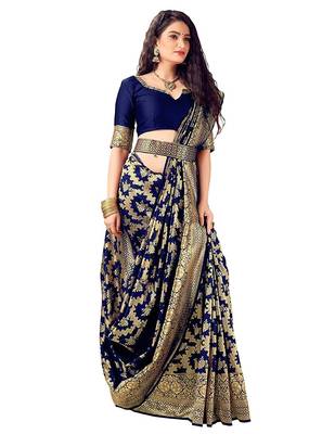 Navy blue woven art silk saree with blouse 2