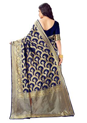 Navy blue woven art silk saree with blouse 3