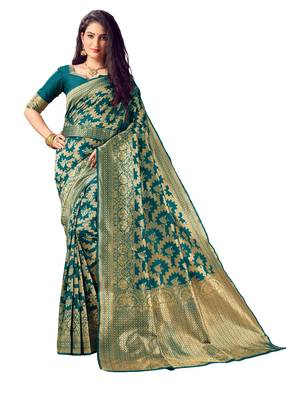 Turquoise woven art silk saree with blouse 1