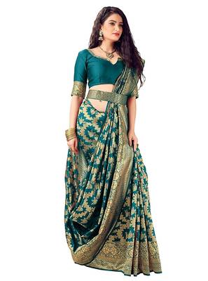 Turquoise woven art silk saree with blouse 2