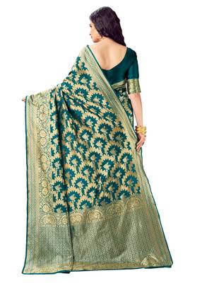 Turquoise woven art silk saree with blouse 3