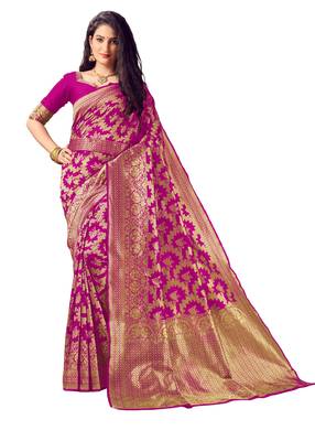Pink woven art silk saree with blouse 1