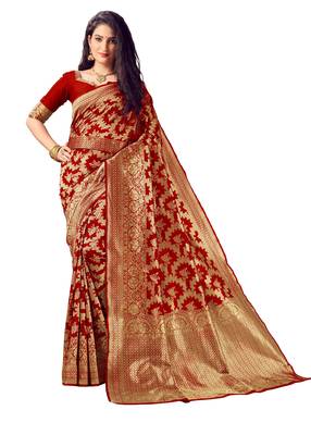 Red woven art silk saree with blouse 1
