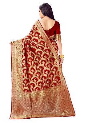 Red woven art silk saree with blouse 3