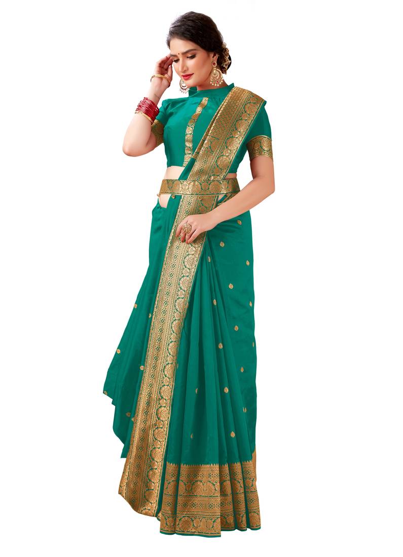 Women's Viscose Silk Turquoise Printed Designer Saree With Blouse Piece