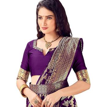 Purple woven art silk saree with blouse 4