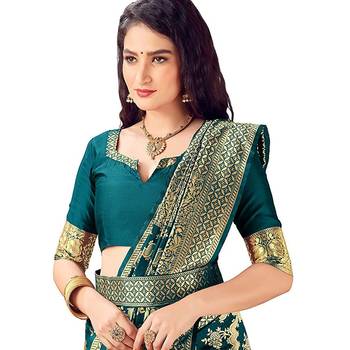 Turquoise woven art silk saree with blouse 4