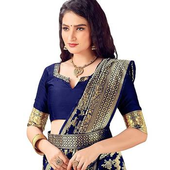 Navy blue woven art silk saree with blouse 4