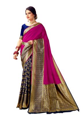 Pink woven art silk saree with blouse 2