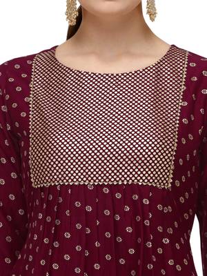 FIORRA Maroon Printed Muslin Silk Flared Party Wear Kurtis 4