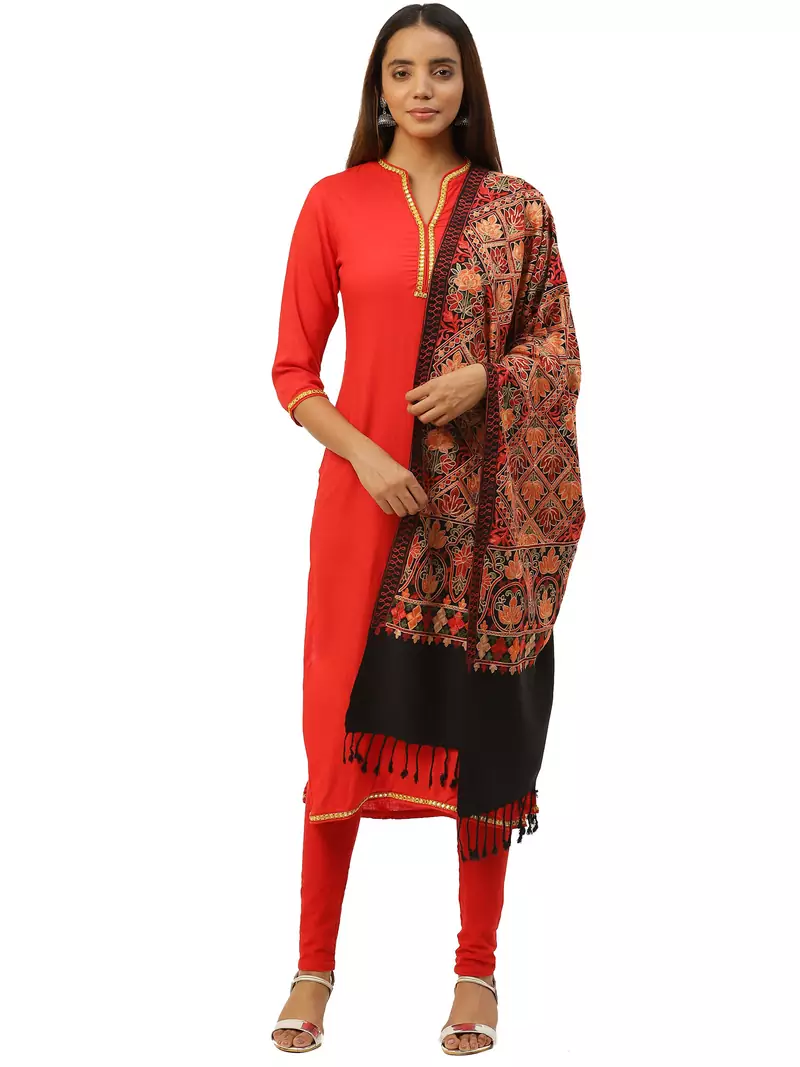 Anekaant Black & Multi Botanical Embroidered Acrowool Shawl