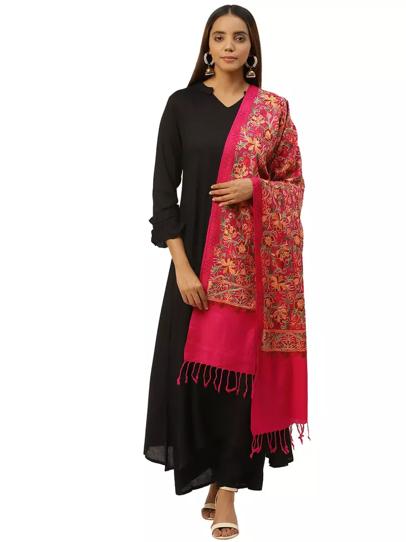 Anekaant Fuschia Pink & Multi Floral Embroidered Acrowool Shawl