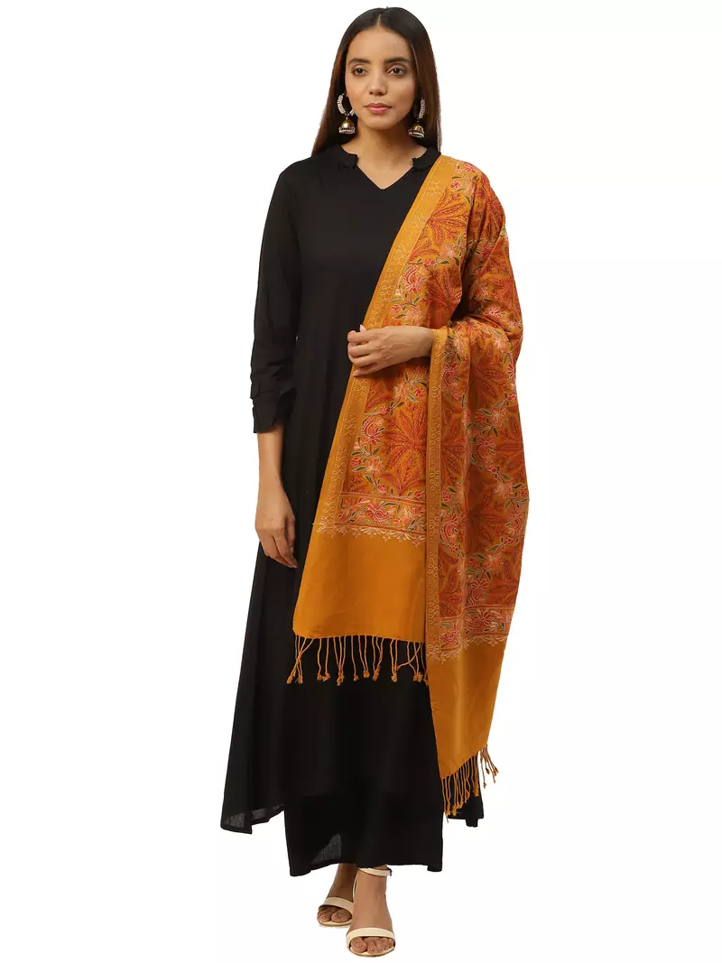 Anekaant Mustard & Multi Floral Embroidered Acrowool Shawl