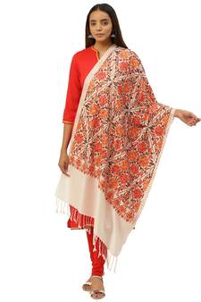 White & Multi Floral Embroidered Acrowool Shawl
