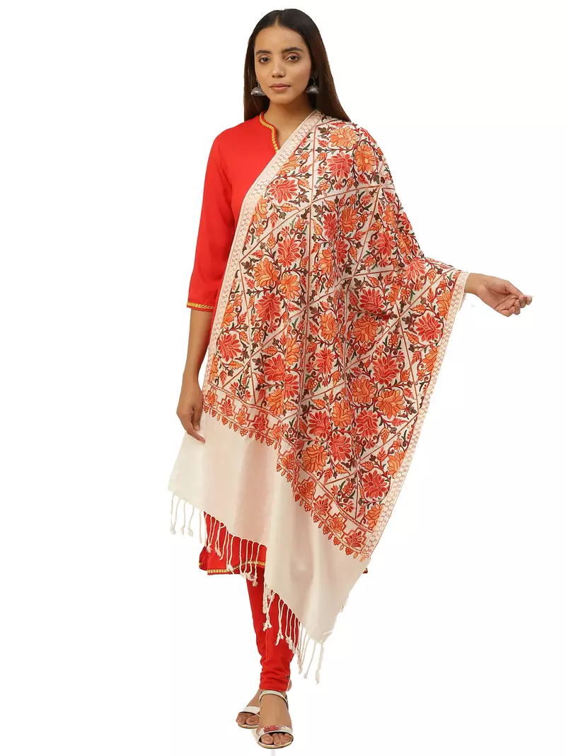 Anekaant White & Multi Floral Embroidered Acrowool Shawl
