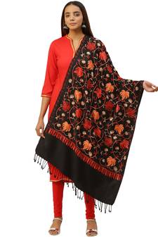 Black & Multi Botanical Embroidered Acrowool Shawl