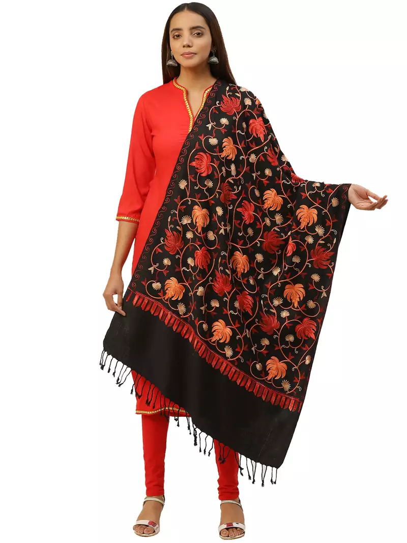 Anekaant Black & Multi Botanical Embroidered Acrowool Shawl