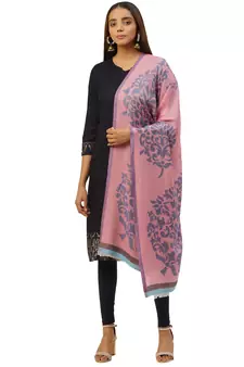 Anekaant Pink & Blue Woven Jacquard Paisley Pure Wool Shawl