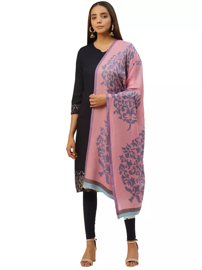 Anekaant Pink & Blue Woven Jacquard Paisley Pure Wool Shawl
