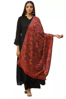 Anekaant Red & Multi Woven Floral Pure Wool Shawl