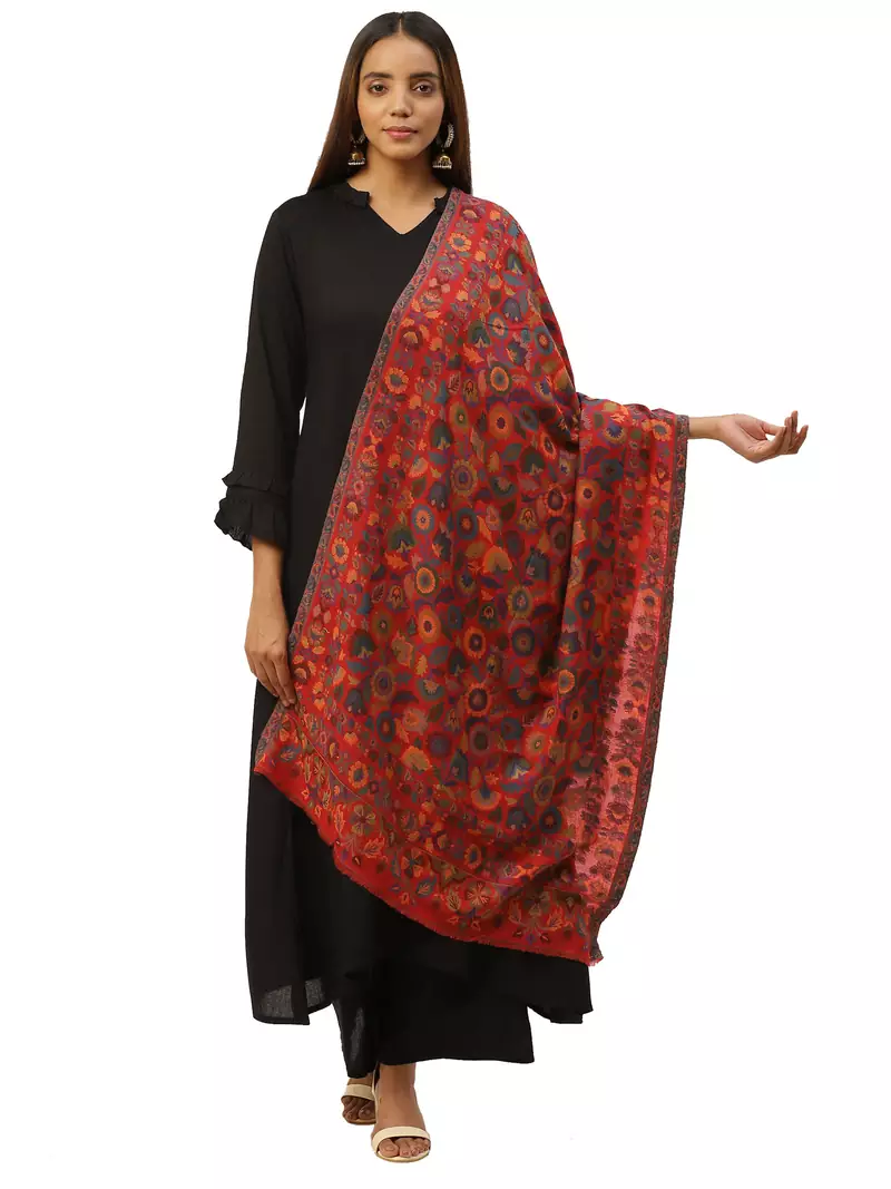 Anekaant Red & Multi Woven Floral Pure Wool Shawl